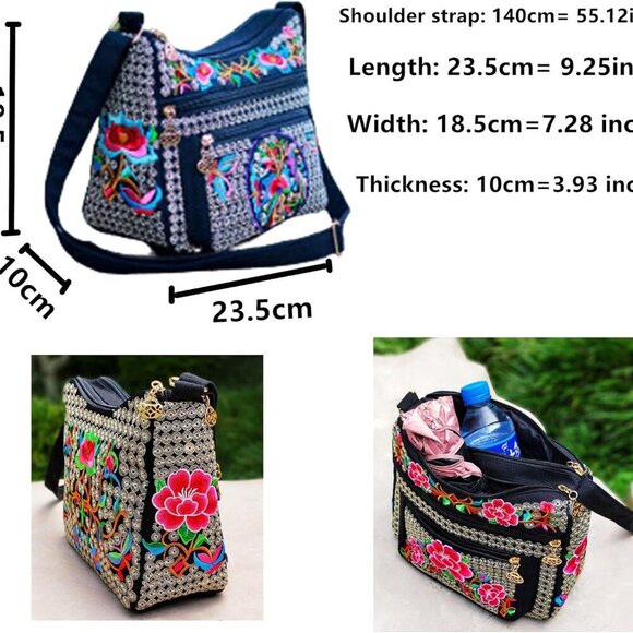 Hobo Crossbody Bag for women, Vintage Ethnic Tribal Embroidered Boho Hippie Tote - Picture 4 of 6